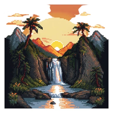 sunrise over a waterfall in a mountain landscape, pixel art style sticker