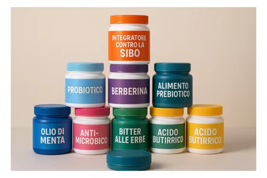 montagna di barattoli di integratori contro la SIBO con etichette in italiano sticker