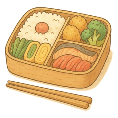 Japanese style bento box with a pair of chopsticks, soft pastel kawaii hand-drawn style, full object sticker