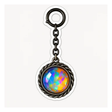 Make it sticker style: Add a silver chain or ornate setting to the round cut holographic amber charm, keeping the extreme close-up and original style sticker