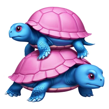 A blue turtle on top of a pink turtle sticker