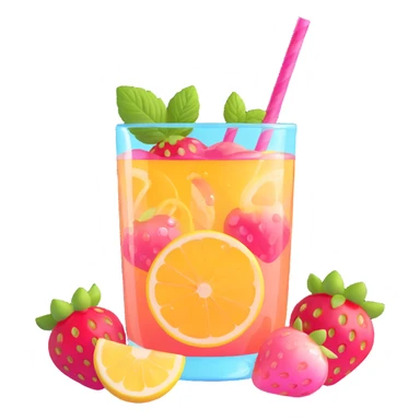 playful memoji-style glass of strawberry lemonade with transparent body, pink sparkling liquid, strawberry slices, bubbles, happy face, mint sprig, lemon slice, striped straw, summery vibrant sticker
