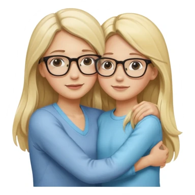 je voudrai un emoji d'une maman blonde avec des lunettes et de sa fille aux cheveux longs et blonds avec des lunettes qui fond un calin, les 2 ont les cheveux longs sticker