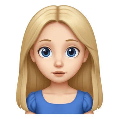 Cute female character, rounded face, big eyes, small nose, expressive mouth, long straight hair, blue dress sticker