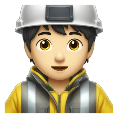 chinese boy with very thick lip wearing yellow rain jack and a white safety helmet doing inspection sticker