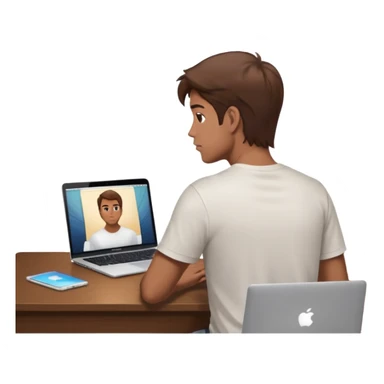 A man seen from behind, with detailed, well-lit hair. He is sitting in front of an open MacBook on a desk. On the MacBook screen, the Instagram logo is clearly visible and glowing.  sticker