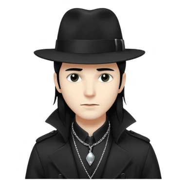 Male Goth with Fedora
 Sleek long hair, white skin, black trench coat, silver necklace visible under coat sticker