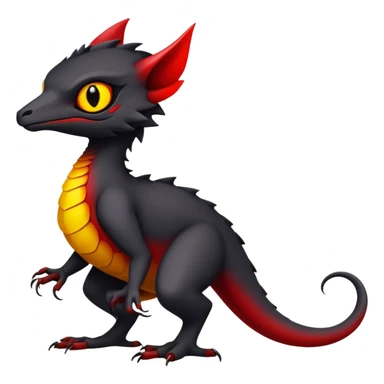 a black exotic edgy vernid-fionbri-Fakémon-creature, with red belly and yellow eyes, full body sticker