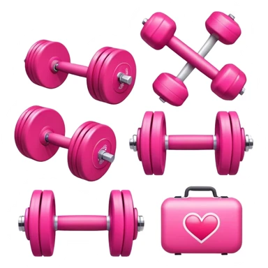 Generate modern, minimalistic pink icons for a women's gym promotion. Include dumbbells, a treadmill, yoga, a heart for wellness, a water bottle, and a stopwatch. Use shades of pink for a stylish, empowering look sticker