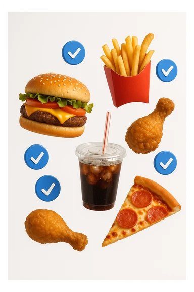 fast food realistico fluttua in aria insieme a spunte di verificato in 3d, sfondo bianco sticker