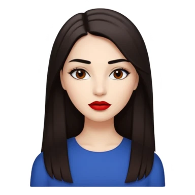 A woman emoji with fair skin, long straight dark brown hair parted in the middle, dark eyebrows, and red lipstick. sticker