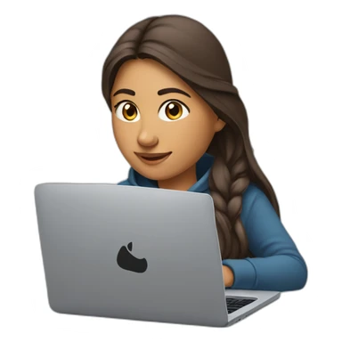 a female indian software engineer, with long brown hair, wearing a nike hoodie, sitting behind a laptop sticker