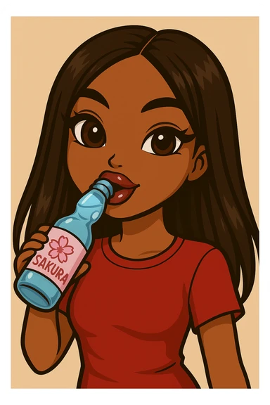 Headshot of a 20-year-old anime Bratz style woman with dark skin, straight hair, trendy outfit, glossy lips, no hat, no tears, happy expression, both eyes open, looking straight ahead, drinking blue Ramune soda labeled 'Sakura'. Change her eyes to brown and her shirt to red. sticker