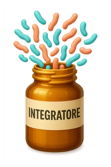 EMOJI STILE IPHONE DI boccetta di integratore con la scritta "INTEGRATORE" SULL'ETICHETTA, con batteri intestinali turchesi e rosa salmone che escono, IPERREALISTICO 4K sticker