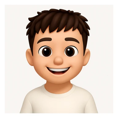 Change the facial expression to a happy smile, keeping the 3D cartoon emoji style with a large head, big expressive eyes, smooth skin, and simple features. Maintain the clean, modern design with soft lighting and a white background, in the style of Apple Memoji or Pixar characters. sticker