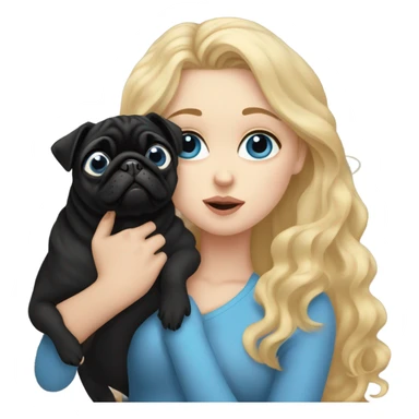 Girl with wavy blonde hair and blue eyes, kissing a black pug sticker