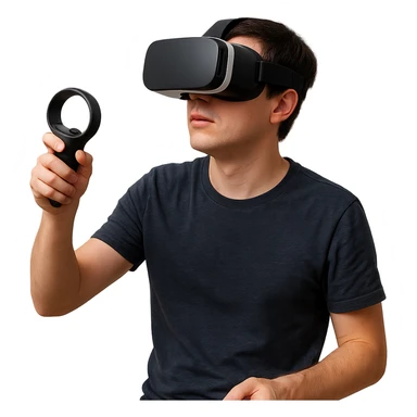 person wearing a VR headset, holding a VR controller sticker