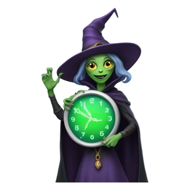 a Reptilian alien woman, as witch, holding holding a big clock, full body, happy sticker