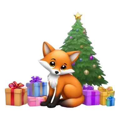 Baby fox sitting next to purple Christmas tree with presents  sticker