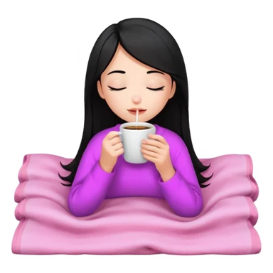 black haired girl inside a pink blanket sipping coffee with eyes closed and lashes sticker
