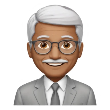 60 yr old indian man, short straight white hair brushed foreward , light grey business suit, big smile, dark brown skin, no moustache, dark brown eyes, glasses
 sticker