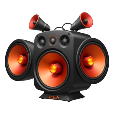 Head: A black KLIPSCH RP-8000F speaker, often represented with a red center or speaker cone.
Core: A small, bright glowing cherry-red circle representing his core.
Weapons: Shoulder-mounted speakers and plasma cannons on his arms.  sticker