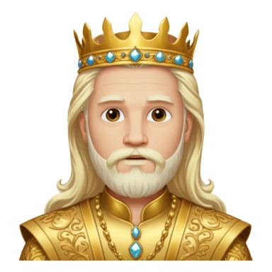King Midas with long platinum blonde hair and beard, gold outfit sticker