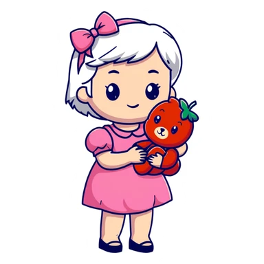 girl with white hair holding a strawberry wearing a pink dress holding a teddy bear sticker