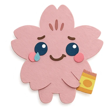 baby pink cherry blossom flower with teary eyes and a mischievous smile, hiding snacks behind its back, soft chubby body, kawaii face, paper-craft style sticker