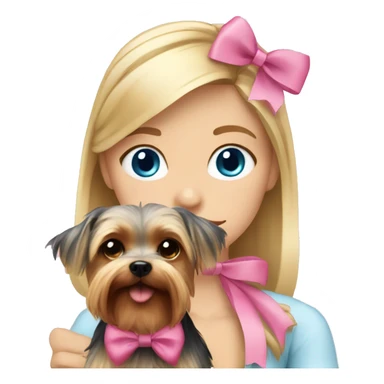 Blonde girl blue eyes with her pet yorkshire terrier with pink bow sticker