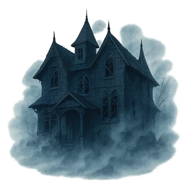 creepy haunted house with broken windows, eerie mist, gothic horror atmosphere sticker