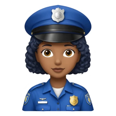 A female police officer with medium-dark skin tone, wearing a dark blue police cap with a silver badge in the center, short curly black hair showing from under the cap, large brown eyes, and a slight smile. sticker