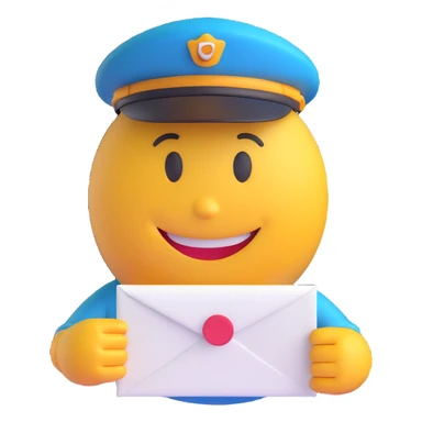 3D smiley emoji, circular shape, postman with postman hat and letter in hand, smiling face sticker