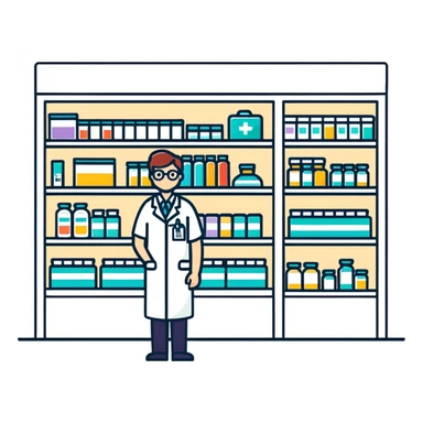 pharmacy shelves, pharmacist, sign sticker