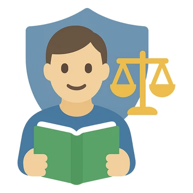 person with neutral or happy face holding a green book and a gold justice scale, shield behind them, flat color icon style sticker