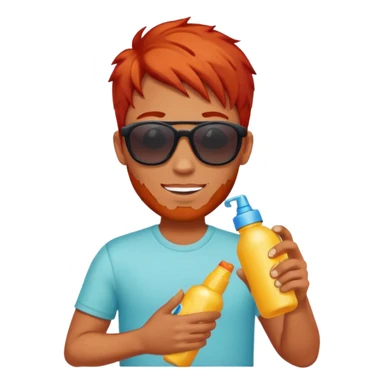 male red haired with suncream bottle and sunglasses, with sun burned sticker