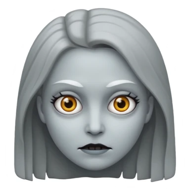 woman with gray skin and white eyes and a creepy face sticker
