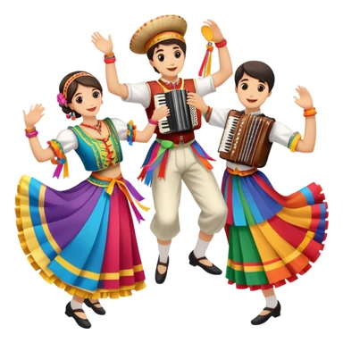 Icon for Folk Dance: close-up traditional dance shoes, colorful folk costumes, and a dance circle with ribbons and musical instruments like a tambourine or accordion. The icon should represent the vibrant and cultural aspects of folk dancing. Transparent background. sticker