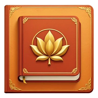 Un libro de cuero rojo terracota, con textura envejecida y bordes dorados desgastados. En la portada, un loto dorado en relieve, irradiando una aura cálida de sabiduría y transformación sticker