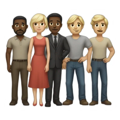 six dark-skinned men stand behind a pale blonde woman sticker