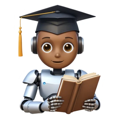 Ai  robot reading a big book with graduation head sticker