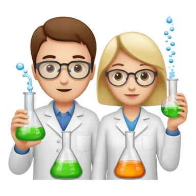 Five chemists: one organic chemist, on physical chemist, one inorganic chemist, one technical chemist and on theoretical chemist – each one with a typical item for their field sticker