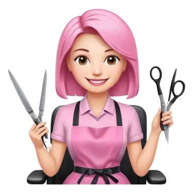 smiling woman client in pink apron sitting in salon chair, female hairstylist smiling behind with scissors sticker