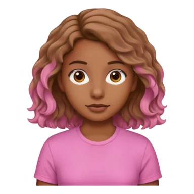 A brown skinned girl with light brown wavy hair wearing a pink shirt sticker