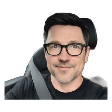 middle-age-lean-white-man-with-black-hair-&-glasses-wearing-black-Tesla-T-shirt,-inside-black-tesla-model-3, at the wheel, front view sticker