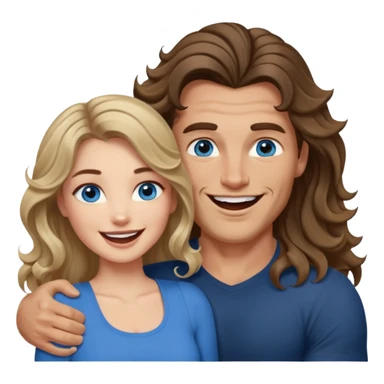 Women with blue eyes and very long, brown blond balayage curled hair in the arms of a man with strong arms a straight face, a very sexy man blue eyes. They are laughing at each other. He has dark brown hair: A fade haircut down to skin and is light skinned  sticker