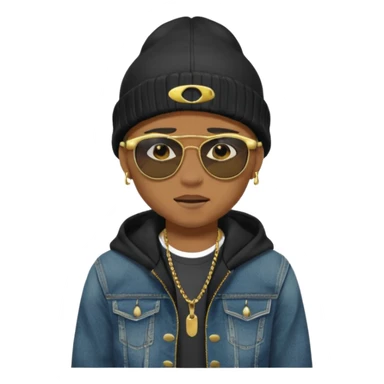 un emoji de un chico emcapuchado, con gorro kalenji, dientes de oro, com uma jaqueta denim tears preta e uns oculos da oakley sticker