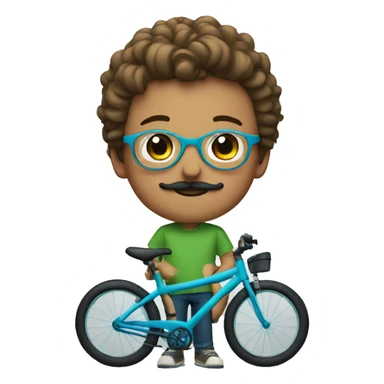 young boy with moustache, light brown air and glasses and a green-blue bike sticker