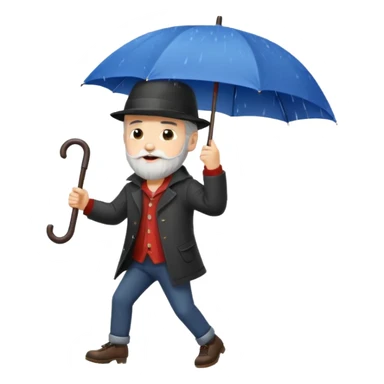 A dark-haired boy with a white beard dancing with an umbrella in the rain sticker