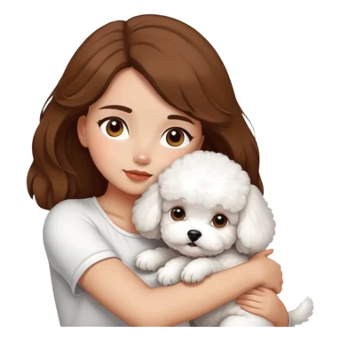 A beautiful olive skinned girl with brown hair, hugging 3 white bichon frise's sticker
